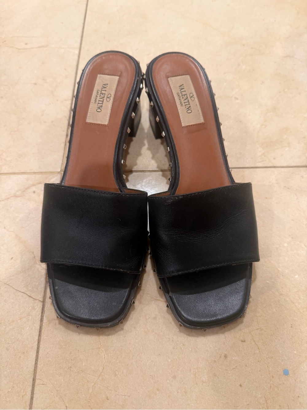 Valentino Black Leather Stud-Trim Slide Mules